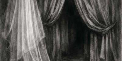 Dark space with layered translucent and heavy draped curtains