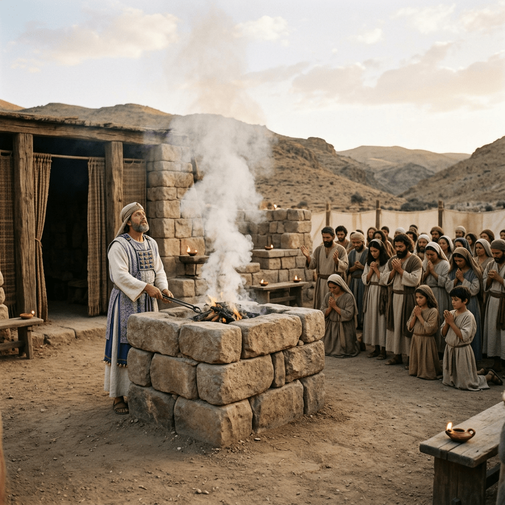 Current image: Priest tending fire altar with group of people praying outdoors