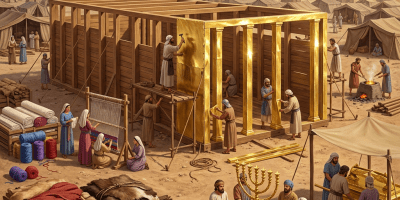 Workers constructing wooden and gold-covered tabernacle structure with biblical artisans and materials outdoors