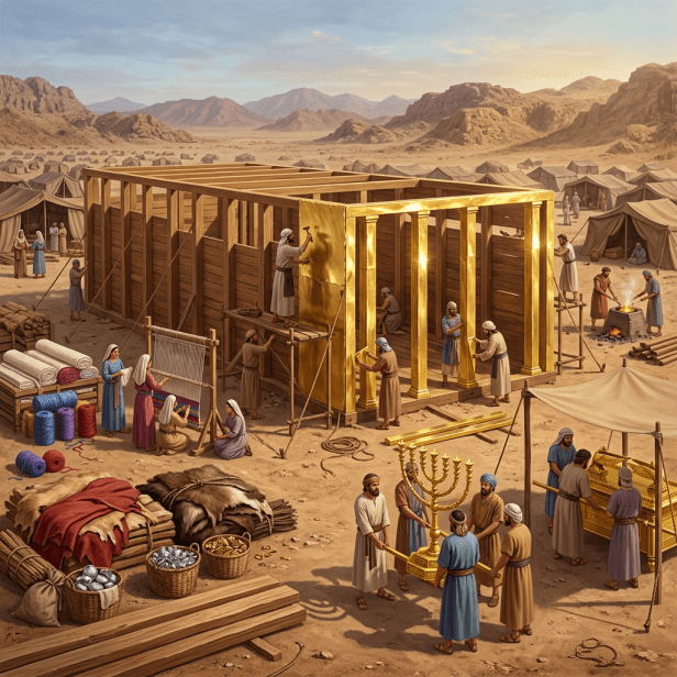 Workers constructing wooden and gold-covered tabernacle structure with biblical artisans and materials outdoors