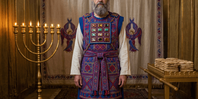 Man wearing ancient Jewish high priest attire with breastplate and turban inside temple room