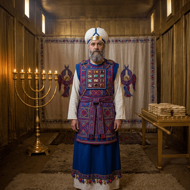 Man wearing ancient Jewish high priest attire with breastplate and turban inside temple room