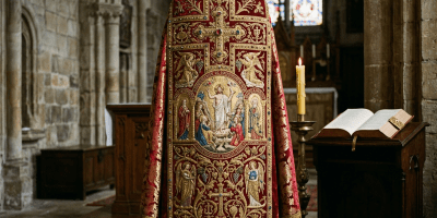 Red and gold embroidered liturgical cape with religious imagery on a stand in a stone church