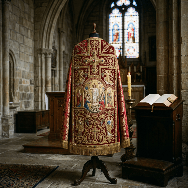 Red and gold embroidered liturgical cape with religious imagery on a stand in a stone church