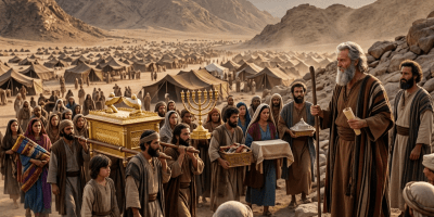 Israelite people carrying Ark of the Covenant and sacred objects in desert camp procession