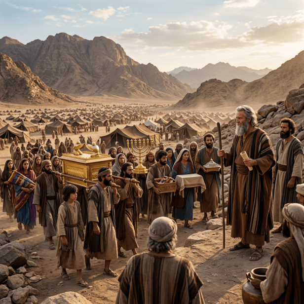 Israelite people carrying Ark of the Covenant and sacred objects in desert camp procession