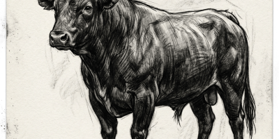 Charcoal sketch of a bull facing forward with prominent horns and muscular body