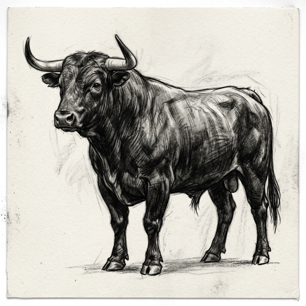 Charcoal sketch of a bull facing forward with prominent horns and muscular body