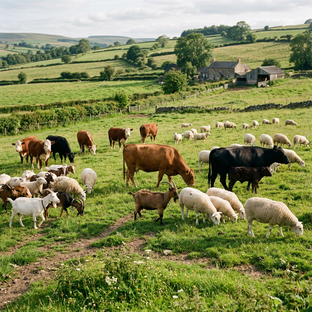 Cows, sheep, and goats grazing on a green pasture with farm buildings