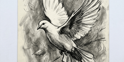 Charcoal sketch of a dove flying with wings spread against a shaded background with faint leaves