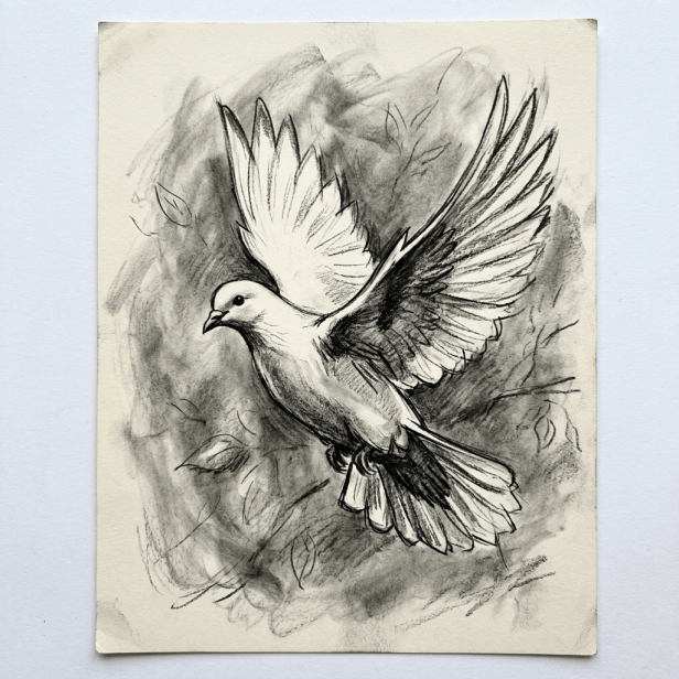 Charcoal sketch of a dove flying with wings spread against a shaded background with faint leaves