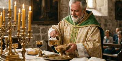 Priest pouring olive oil over grains at altar during religious service