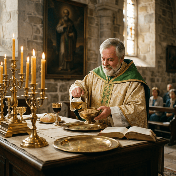 Priest pouring olive oil over grains at altar during religious service