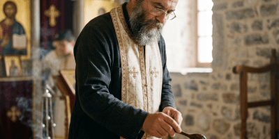 Orthodox priest in church adding salt to wheat on a plate during a ritual