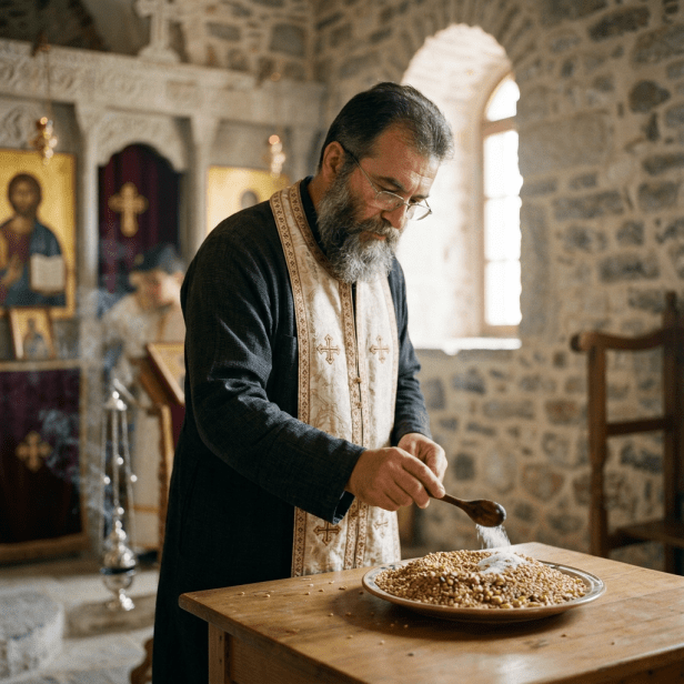 Orthodox priest in church adding salt to wheat on a plate during a ritual