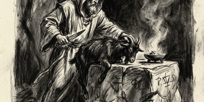 Hooded man holding a dagger over a goat placed on a stone altar with smoke rising.
