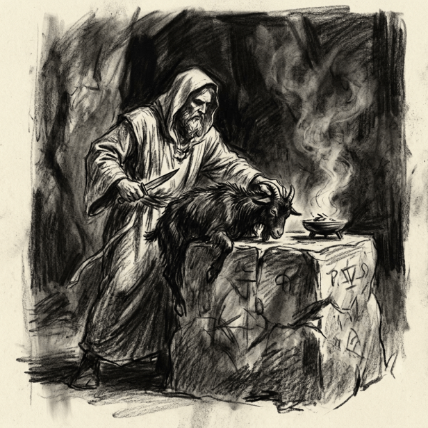 Hooded man holding a dagger over a goat placed on a stone altar with smoke rising.