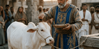 A man wearing traditional robes and a turban offering liquid to a white cow tied to a stone pillar
