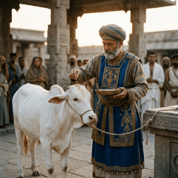 A man wearing traditional robes and a turban offering liquid to a white cow tied to a stone pillar