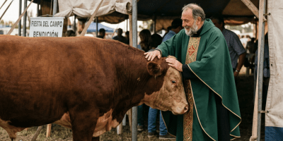 Priest in green vestments gently blessing a brown and white cow beside a festival tent