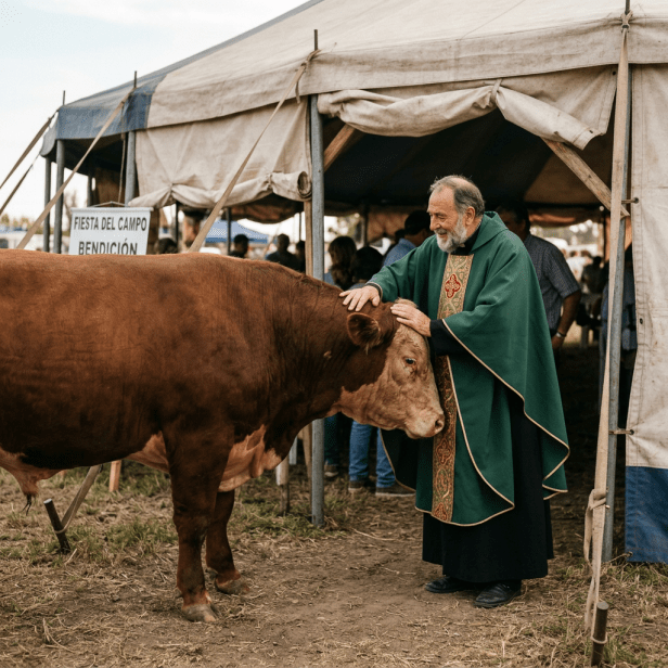Priest in green vestments gently blessing a brown and white cow beside a festival tent