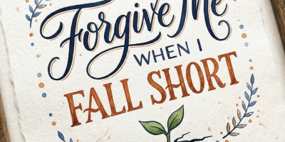 Quote saying 'Forgive Me When I Fall Short' with a small plant growing from cracked ground