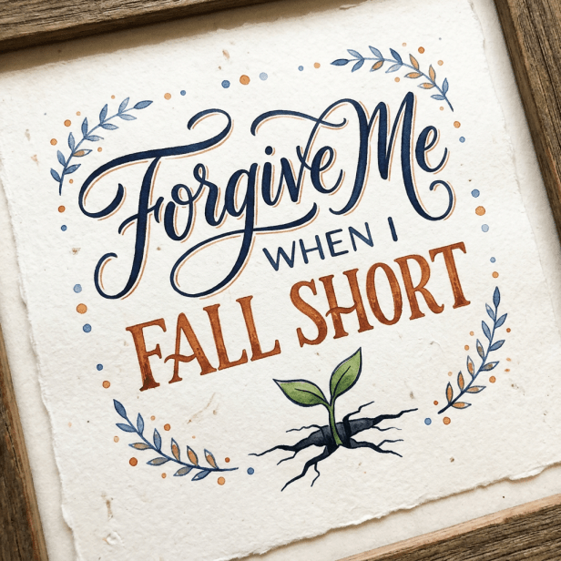 Quote saying 'Forgive Me When I Fall Short' with a small plant growing from cracked ground