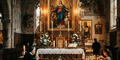 People praying near an altar with candles and religious paintings inside a church