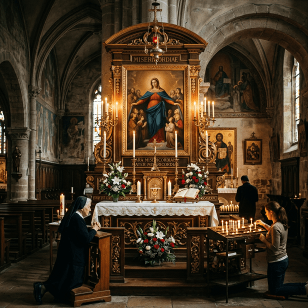 People praying near an altar with candles and religious paintings inside a church