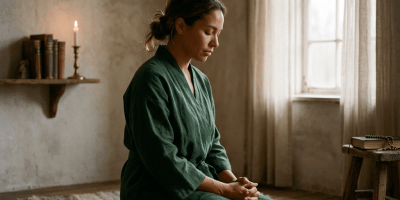 Woman kneeling on rug with eyes closed in meditation