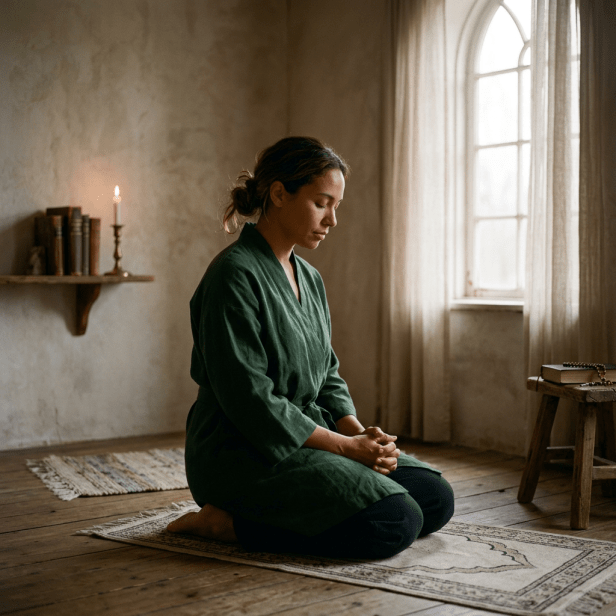Woman kneeling on rug with eyes closed in meditation