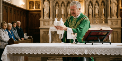 Priest presenting two doves at altar