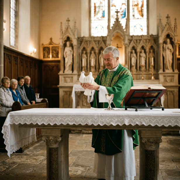Priest presenting two doves at altar
