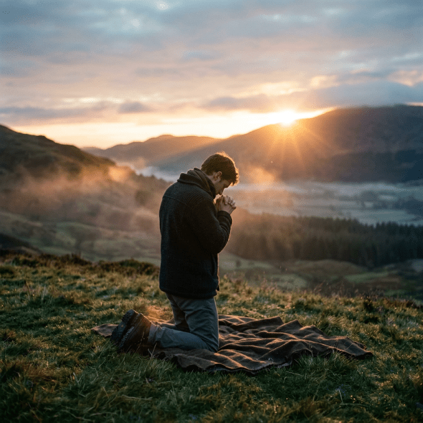 Man kneeling on blanket outdoors praying at sunrise in valley