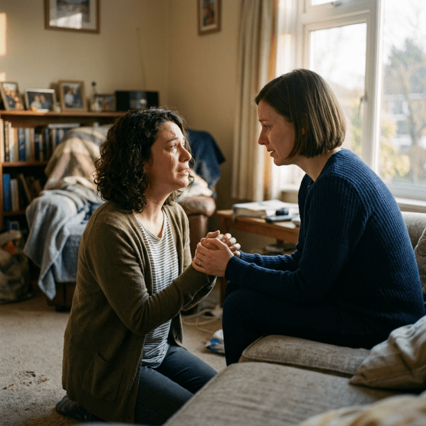Two women holding hands and looking at each other, one kneeling and crying, the other sitting and comforting her