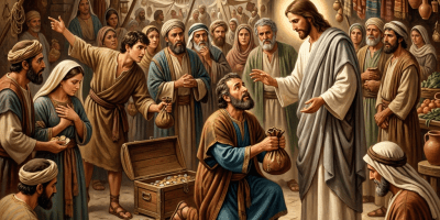 Jesus blessing a kneeling man holding money bags in a crowded ancient marketplace