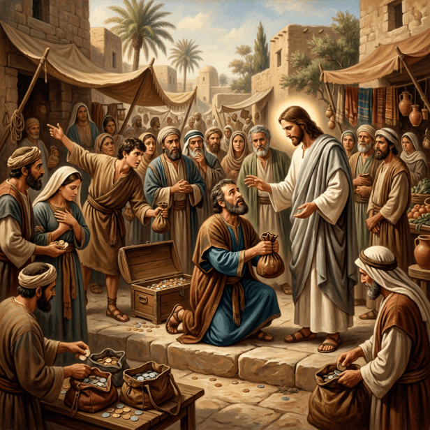 Jesus blessing a kneeling man holding money bags in a crowded ancient marketplace