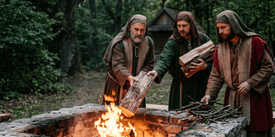 Three medieval men wearing cloaks adding logs to a stone fire pit outdoors