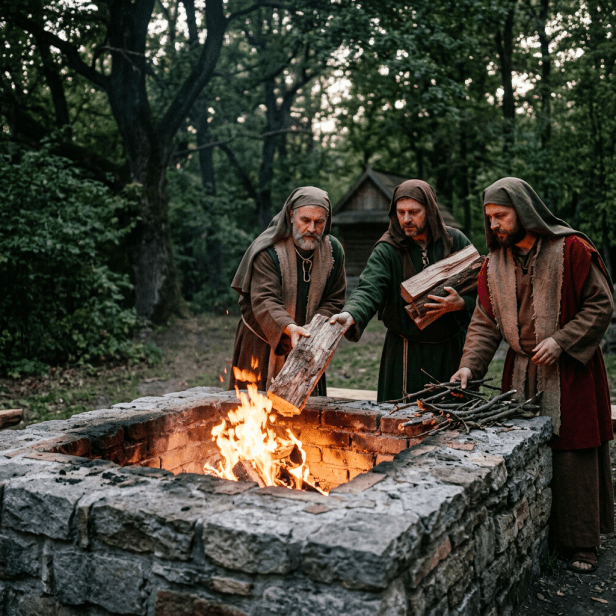 Three medieval men wearing cloaks adding logs to a stone fire pit outdoors