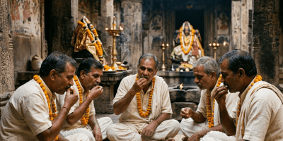 Five men sitting cross-legged around a large metal tray eating traditional food in an ancient stone temple