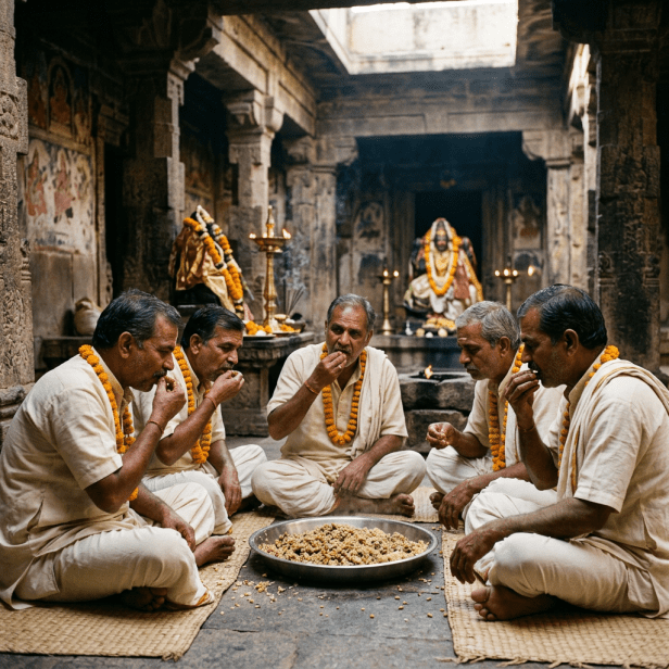 Five men sitting cross-legged around a large metal tray eating traditional food in an ancient stone temple