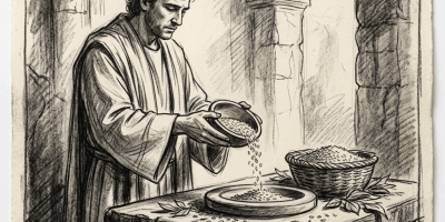 Man in ancient robes pouring grain onto a stone altar inside a stone building