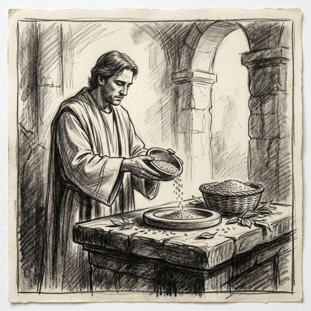 Man in ancient robes pouring grain onto a stone altar inside a stone building