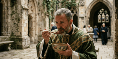 Priest in green liturgical robes eating stew in ancient stone cloister