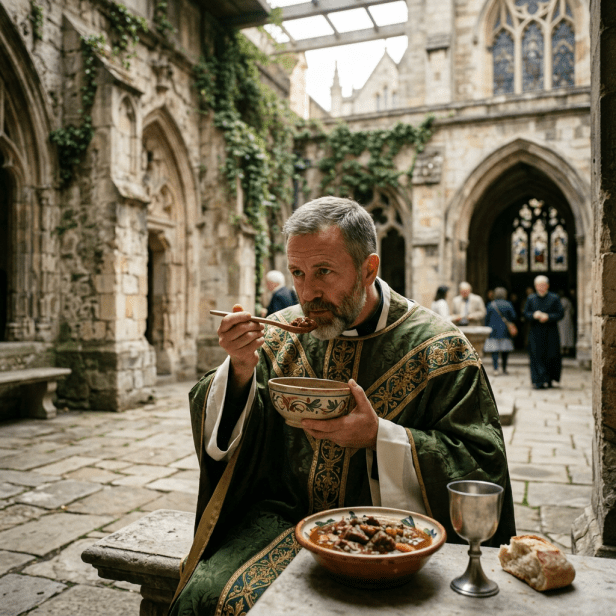 Priest in green liturgical robes eating stew in ancient stone cloister