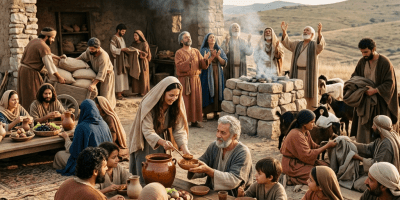People dressed in biblical attire sharing a meal and praying outdoors