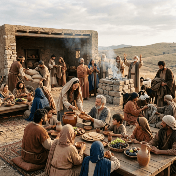 People dressed in biblical attire sharing a meal and praying outdoors