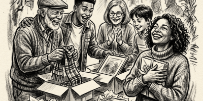 Family opening gifts and sharing joyful moments around a wooden table