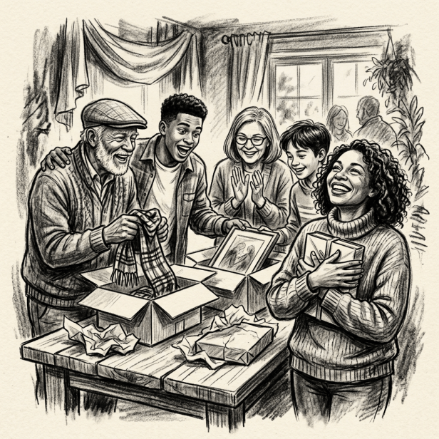 Family opening gifts and sharing joyful moments around a wooden table