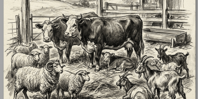 Group of cows, sheep, and goats inside a farm shelter with wooden posts and hay-covered ground